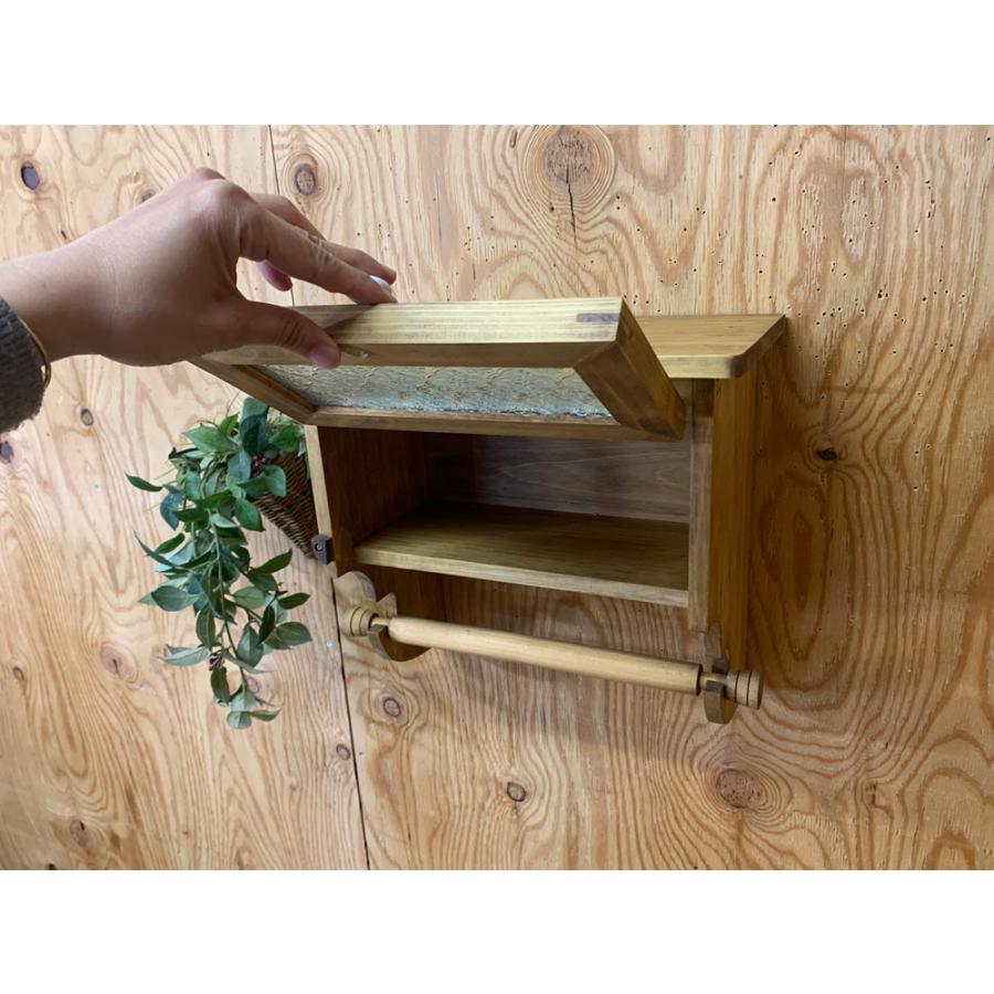 キッチンペーパーホルダー アンティークブラウン 31×17×29cm レギュラーサイズ 230mm フローラガラス扉 白つまみ 木製 ひのき ハンドメイド 受注製作の画像