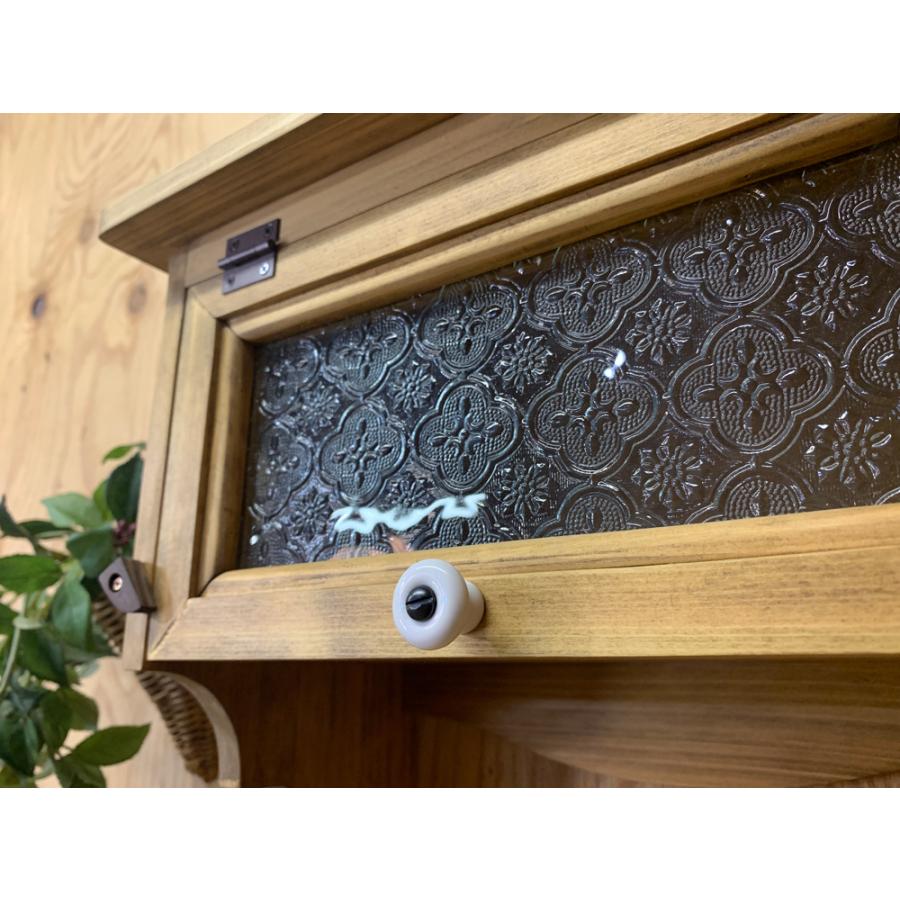 キッチンペーパーホルダー アンティークブラウン 31×17×29cm レギュラーサイズ 230mm フローラガラス扉 白つまみ 木製 ひのき ハンドメイド 受注製作の画像