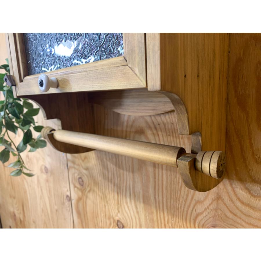 キッチンペーパーホルダー アンティークブラウン 31×17×29cm レギュラーサイズ 230mm フローラガラス扉 白つまみ 木製 ひのき ハンドメイド 受注製作の画像