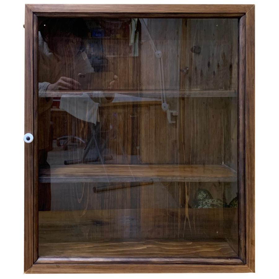 ガラスケース ディスプレイ 透明ガラス扉 47×10×56cm ダークブラウン 木製 ヒノキ ハンドメイド 受注製作