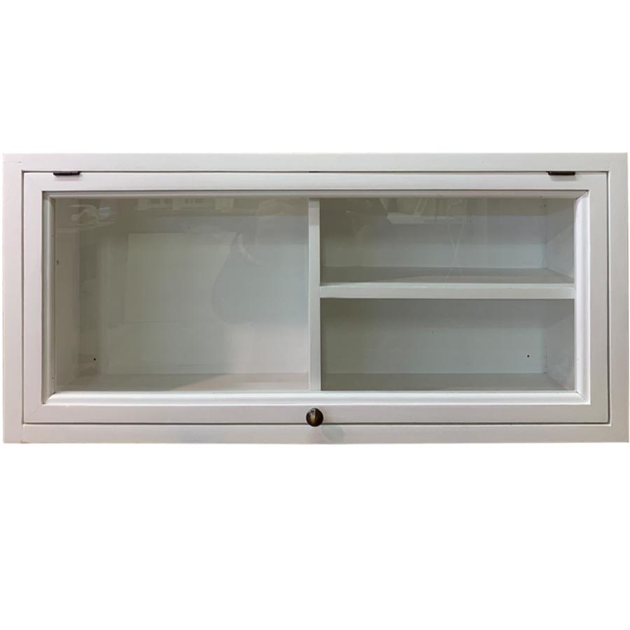 キャビネット 横型 ト型棚付き フラップアップ 65×19×30cm マットホワイト 透明ガラス 真鍮つまみ 背板あり 木製 ひのき ハンドメイド 受注製作