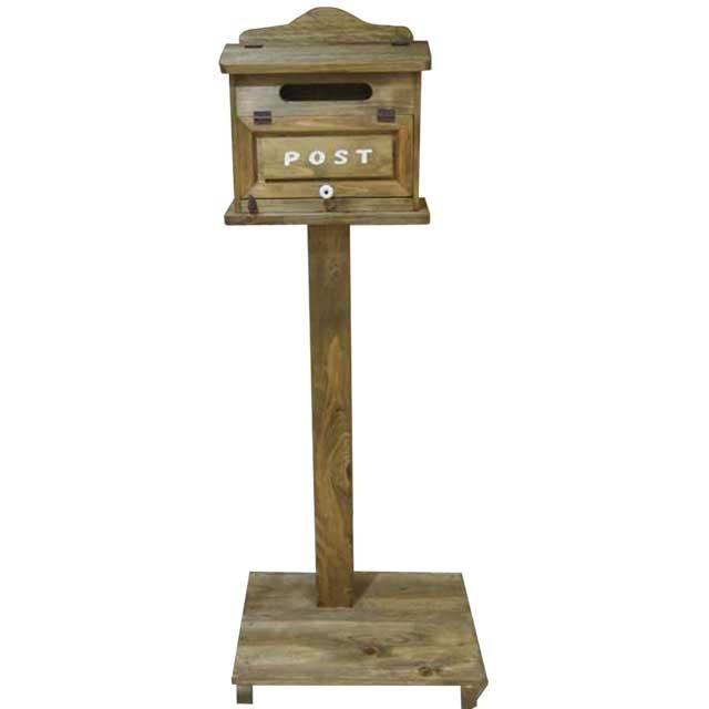 ポスト 横型 木製 ひのき アンティークブラウン POST 彫り込みプレート 自立スタンド 自然木台付き 郵便ポスト 受注製作
