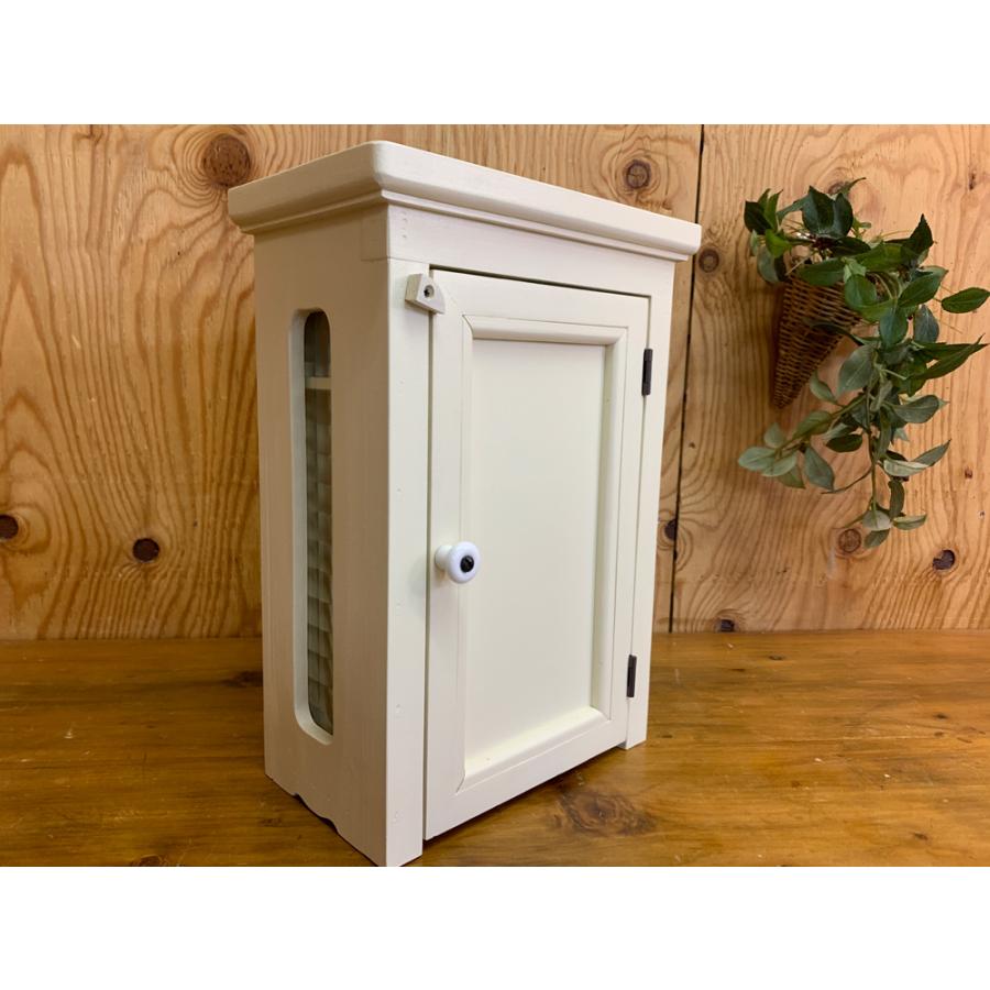 キャビネット 側面チェッカーガラス 可動棚 アンティークホワイト 23