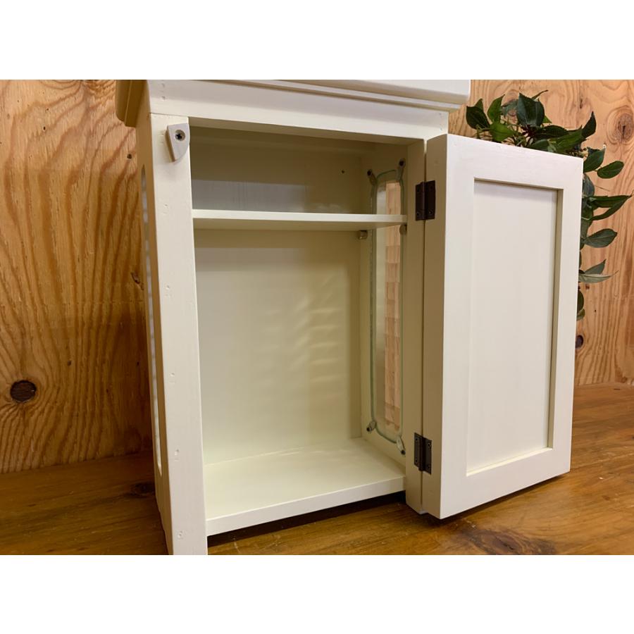 キャビネット 側面チェッカーガラス 可動棚 アンティークホワイト 23