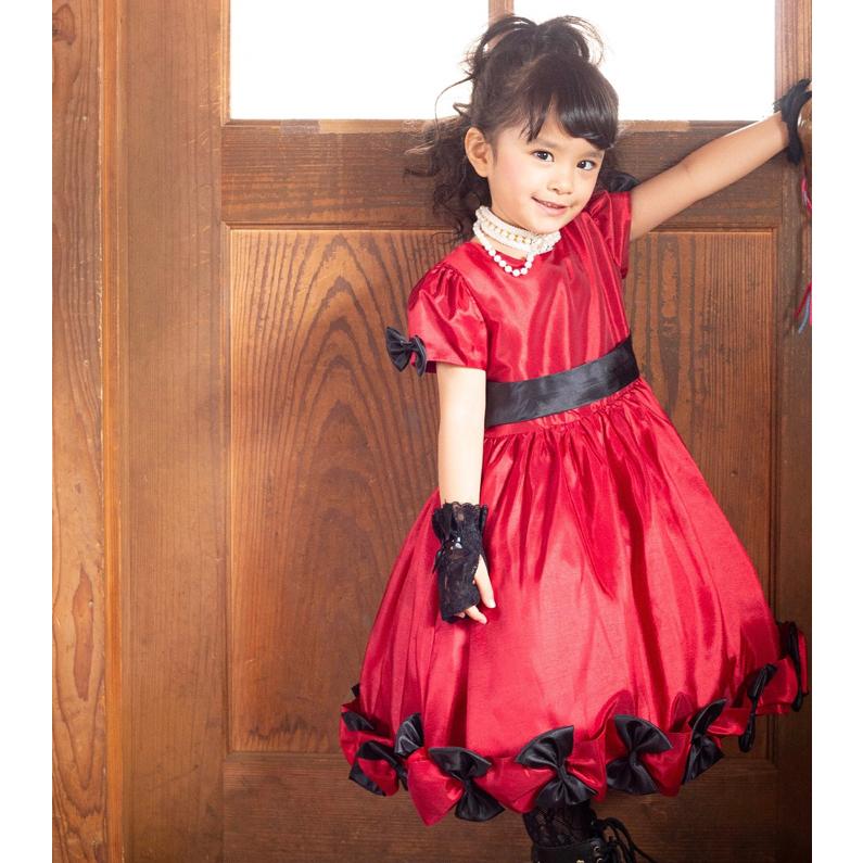 【日本製】赤×黒リボン 子ども用フォーマルドレス 120㎝ 髪飾り付き ドレス 子供 リボン キッズドレス 子供ドレス ピアノ 発表会