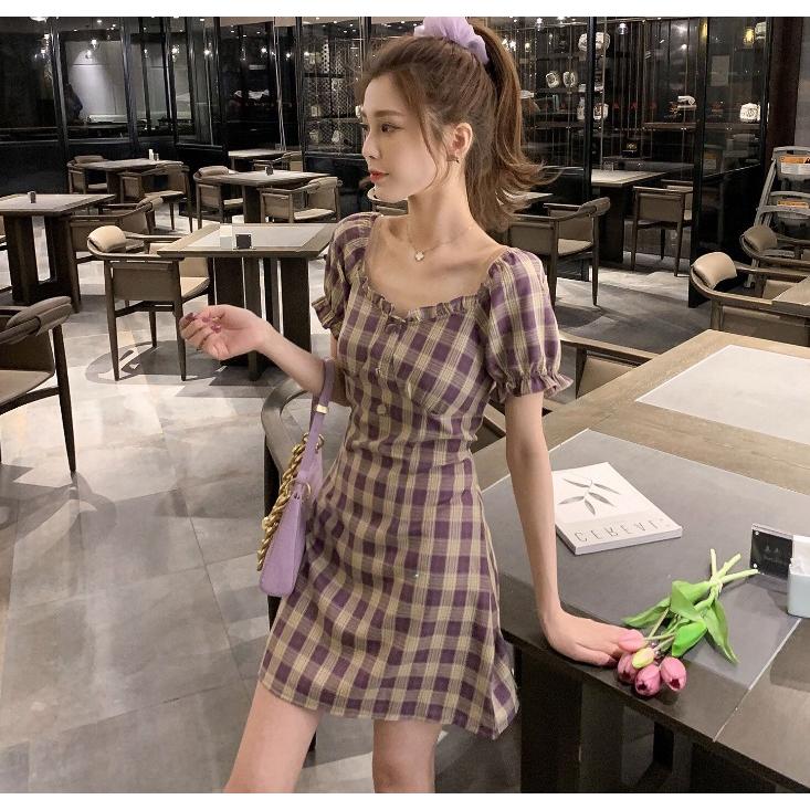 ワンピース 可愛い チェック柄 パープル 紫 水色 韓国 レディース 春