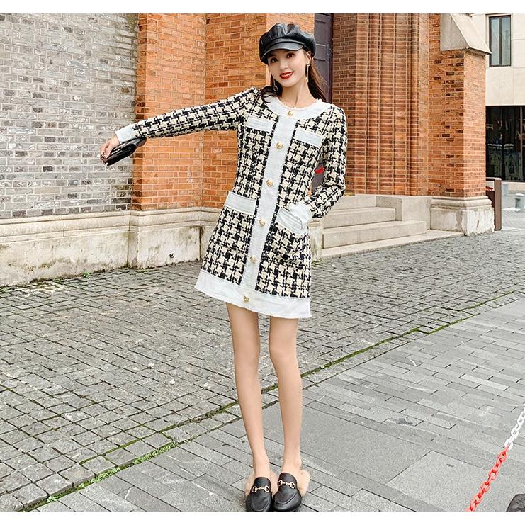 長袖 ワンピース 可愛い チェック柄 千鳥格子 韓国 レディース 春 秋