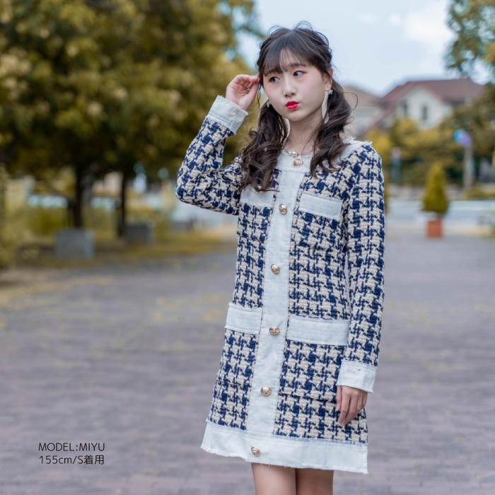 Chopova lowena 花柄チェック長袖ワンピース 長袖 ワンピース 可愛い チェック柄 千鳥格子 韓国 レディース 春 秋