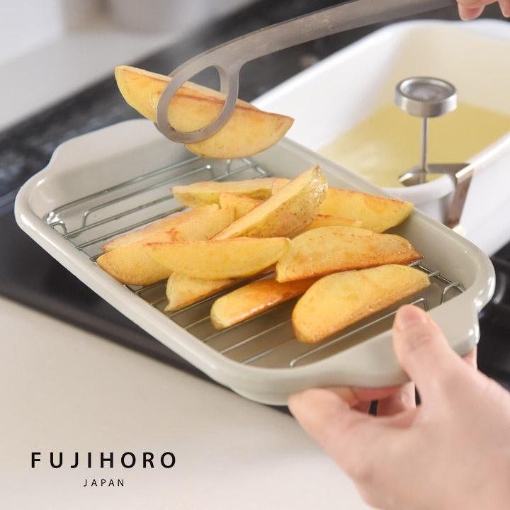 富士ホーロー アンジェ別注グレージュ！ 角型天ぷら鍋 バット＆網