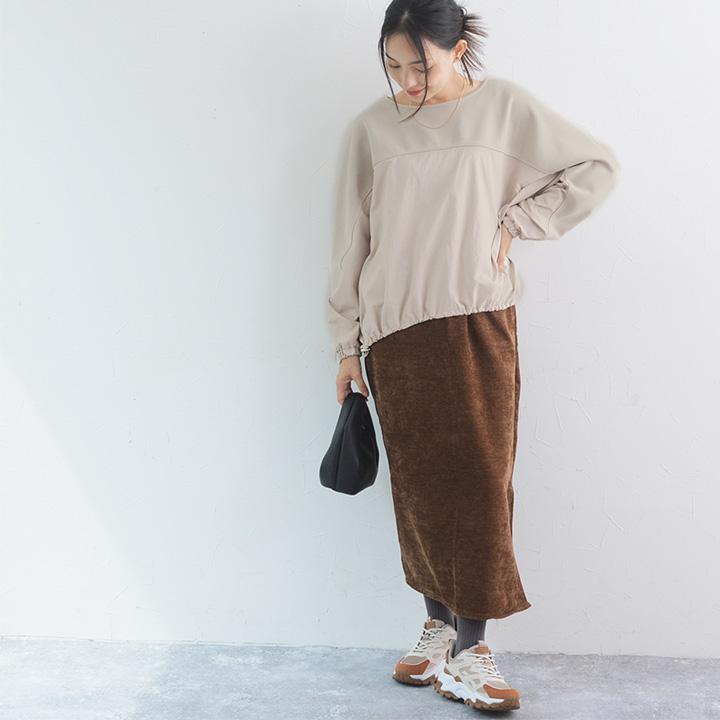 異 素材 切り替え トップス レディース 裾ドロストで印象チェンジ 異