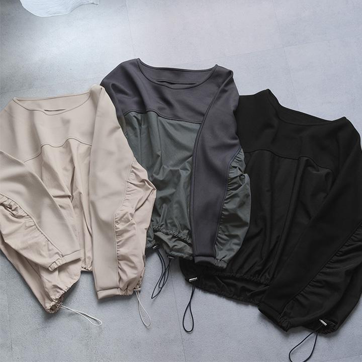 異 素材 切り替え トップス レディース 裾ドロストで印象チェンジ 異