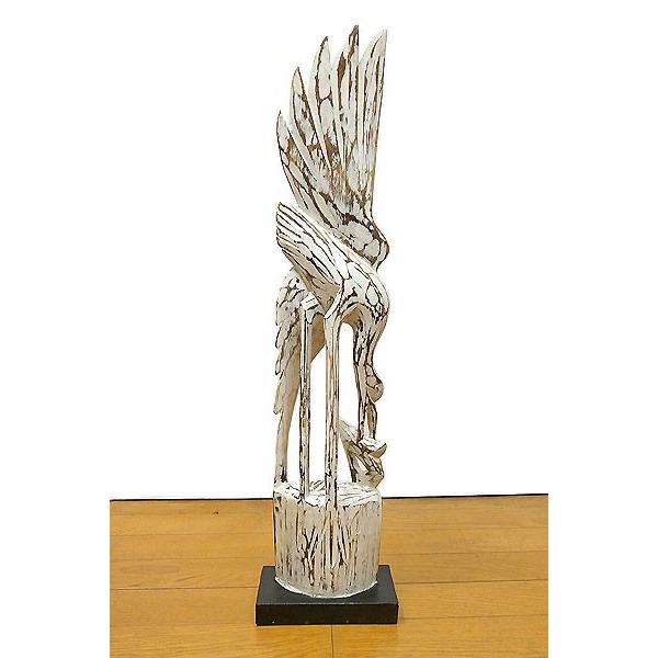 タイ民芸品 鳥置物 木彫り 木製 鶴 インテリア 白鳥 鳥 オブジェ 64cm Sサイズ ホワイト