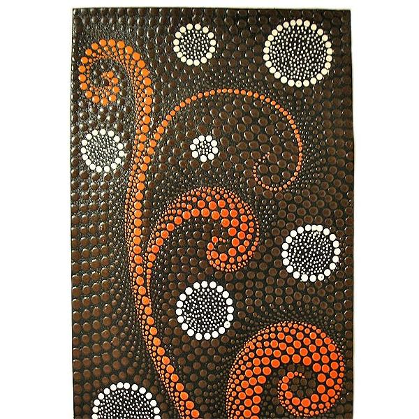 バリアート ドットペイントアート 縦 白・黒・オレンジ・こげ茶 唐草