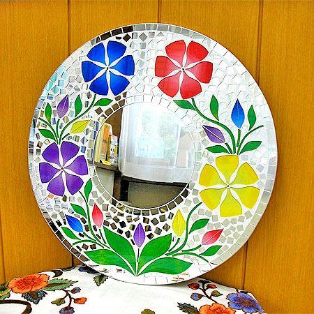 壁掛け バリモザイク ミラー M 丸型 白 4色花模様 B 丸い花 [D.40cm 