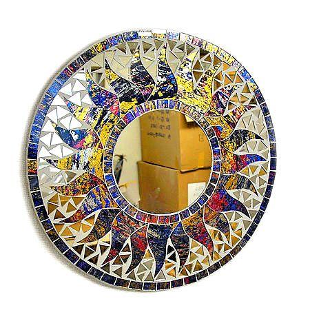 壁掛け バリモザイクミラー 鏡 S D.30cm 丸型 ブルー系・金ラメ