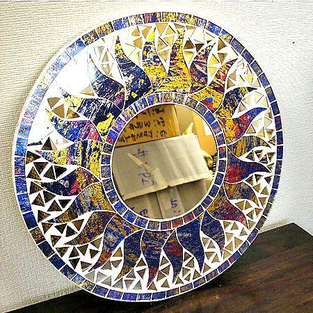 壁掛け バリモザイクミラー 鏡 S D.30cm 丸型 ブルー系・金ラメ