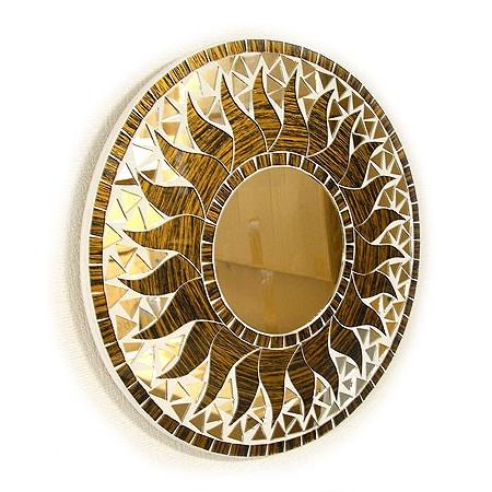 壁掛け バリモザイクミラー 鏡 S D.30cm 丸型 ゴールド木目調太陽 太陽