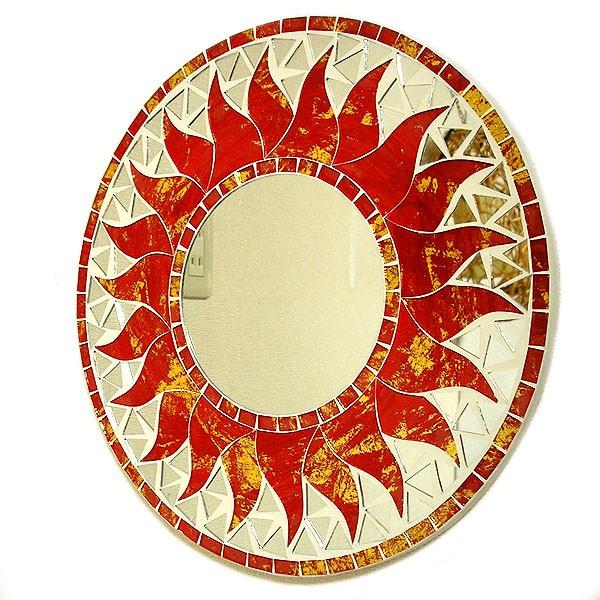 壁掛け バリ モザイクミラー 鏡 S D.30cm 丸型 赤・ゴールド 太陽 丸い