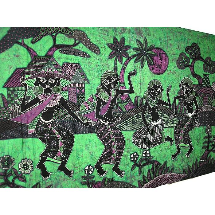 現代アートバティック横L『踊る女たち』グリーン [146x89cm] アジアン