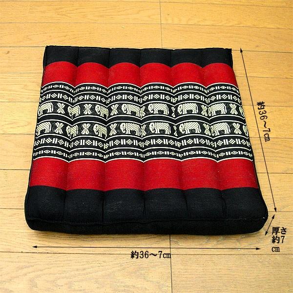 タイの 座布団 正方形 36〜37cm角 象さん柄 黒x赤 アジアン