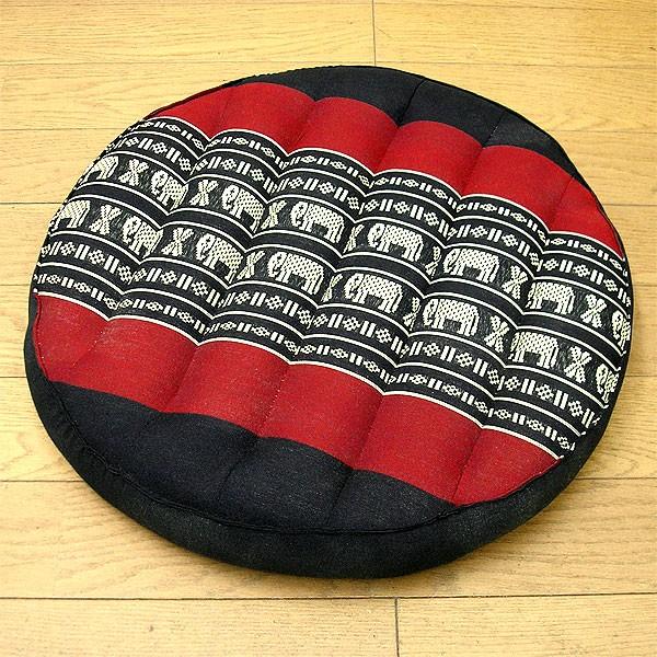 タイの 座布団 丸形 円形 直径約36cm 象さん柄 黒x赤系 アジアン 硬め