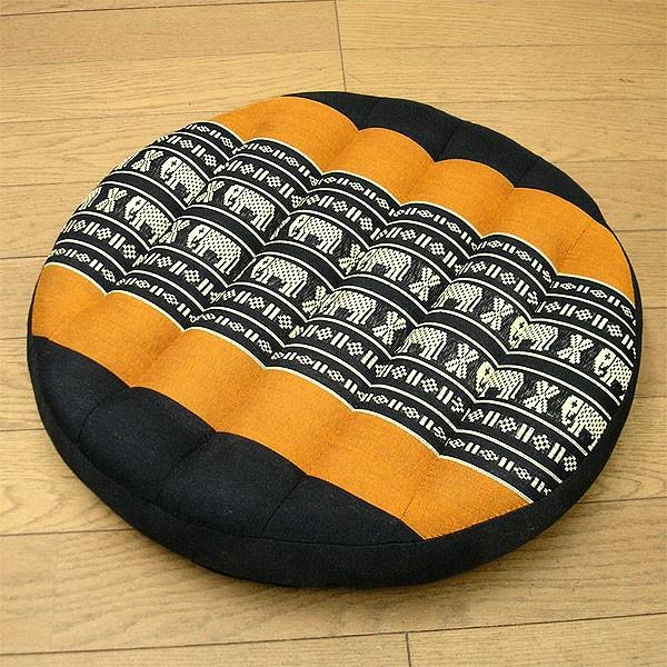 タイの 座布団 丸形 円形 直径約36cm 象さん柄 黒xオレンジ系