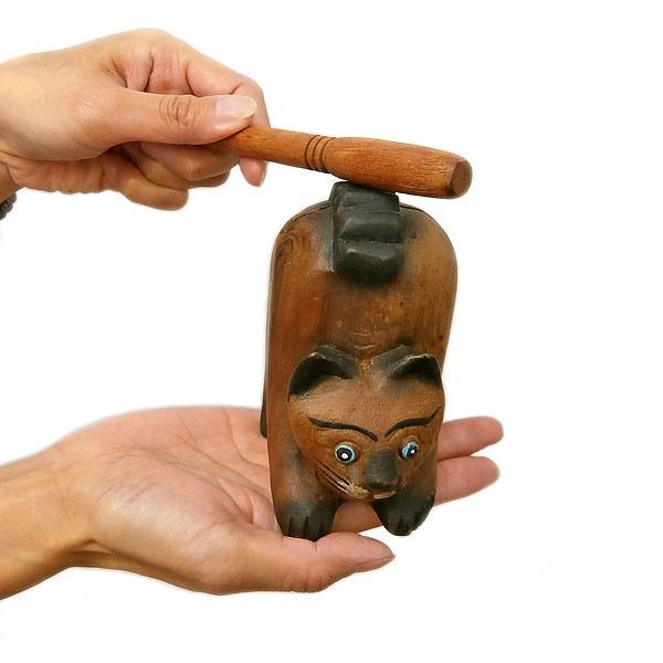 アジア 楽器 ネコ 笛 ねこ モーコック ギロ 11cm 木製 木彫り 彫刻