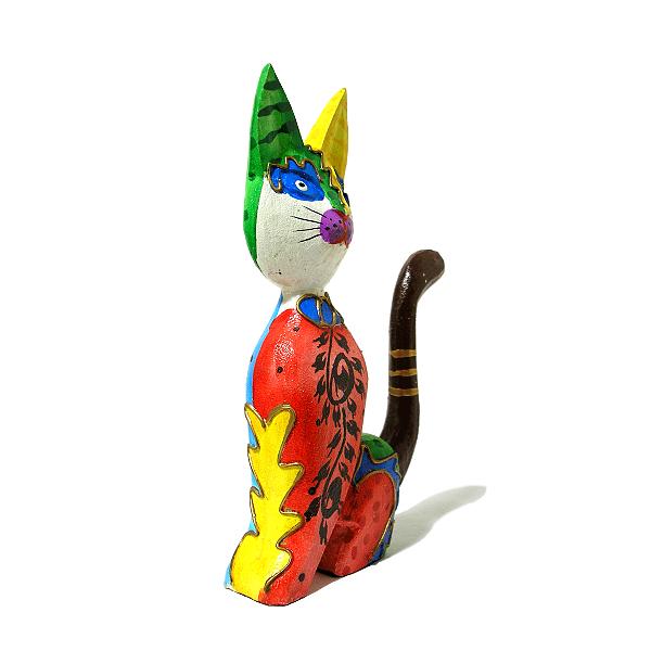木製 バリ ネコ カラフル ［20cm］ 単品 木彫り インテリア 猫 置物