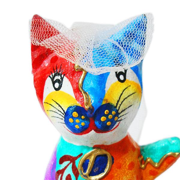 木製 バリ ネコ カラフル 13cm パープル 単品 木彫り インテリア 猫