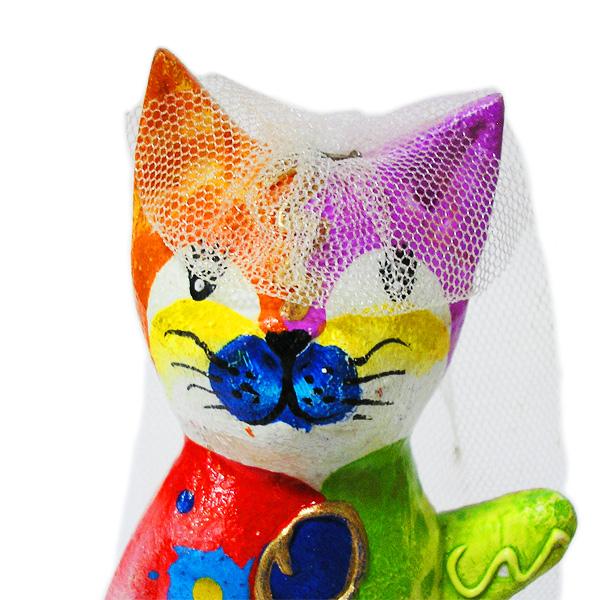 木製 バリ ネコ カラフル 13cm パープル 単品 木彫り インテリア 猫