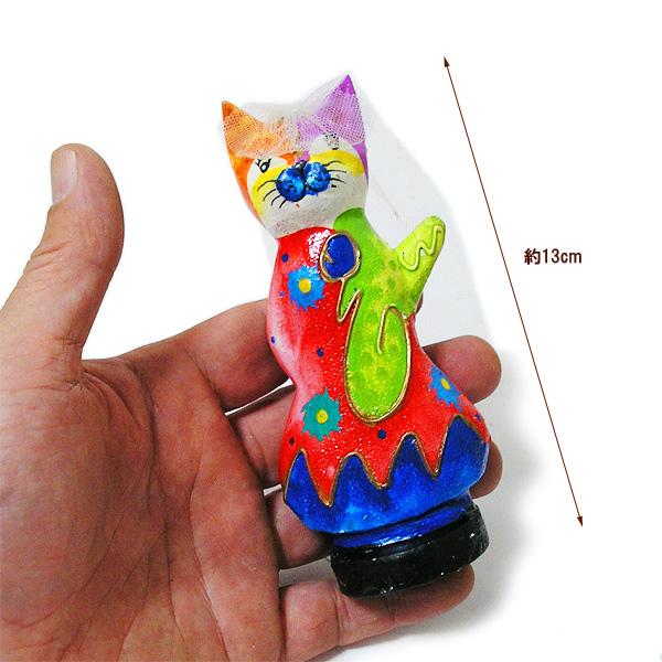 木製 バリ ネコ カラフル 13cm パープル 単品 木彫り インテリア 猫
