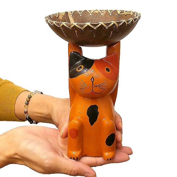頭の上で ココナッツ の お皿 を持ったバリネコ ミケ H.15cm アジアン 