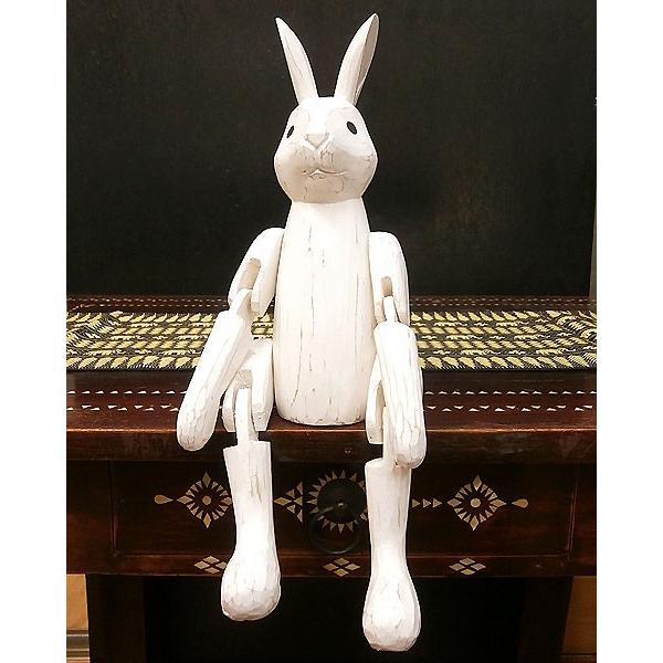 アンティーク調 手足が動かせる木彫りのうさぎ 白 インテリア人形
