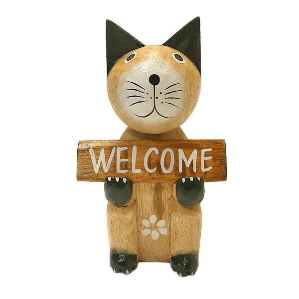 木製 Welcome プレート ネコ ナチュラル 木彫り ボード ねこ 約19cm