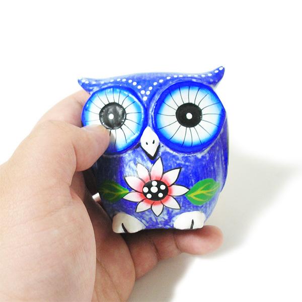 フクロウ インテリア 置物 青 [7cm] プルメリアのお花 カラフル
