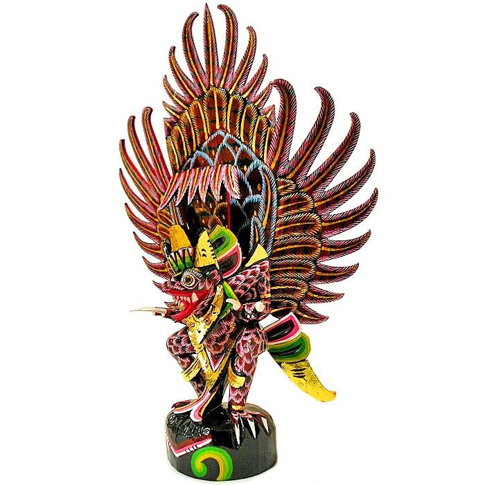 石像 ガルーダ 25ｃｍ アジアン風 格子文様柄 土台 セット♪ 聖獣 霊鳥 霊鳥ガルーダ［約H.66cm］赤白黒鱗 現品限り 木製 オブジェ 置物