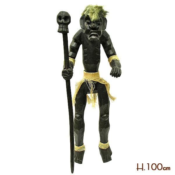 現品限り 髑髏の杖を持つ原人 木製フィギュア H 約100cm おしゃれな 髑髏の杖を持つ原人 Lサイズ 置物 木彫りの原人 タイ ゲーム おもちゃ アジアン雑貨 バリ エスニック