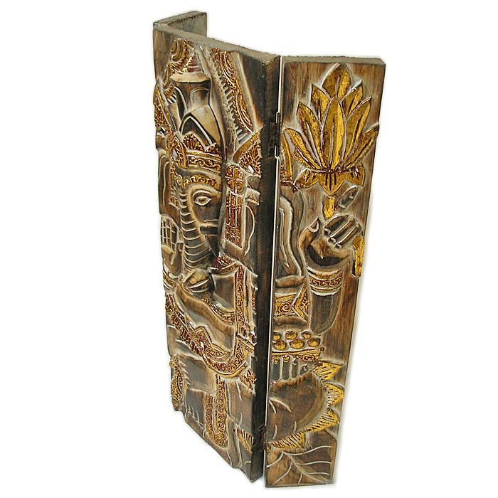 木彫りのレリーフ『ガネーシャ』茶 浮彫り [縦59cmx横39cm