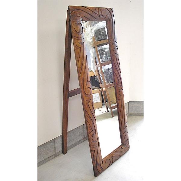 木彫りのミラー 姿見 手彫り 波模様・バリスタイル スタンド付き[H