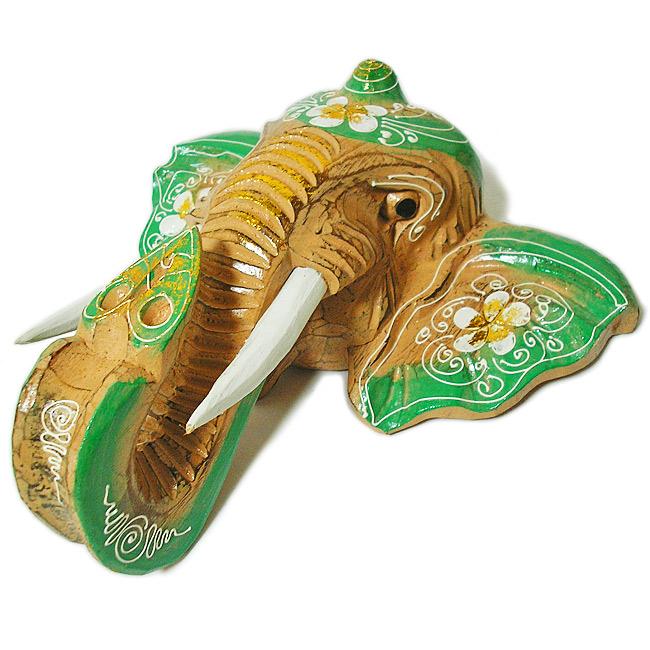 壁掛け】木彫り 『ガネーシャ』[縦24cmx横25cm] 花模様 象 お面マスク