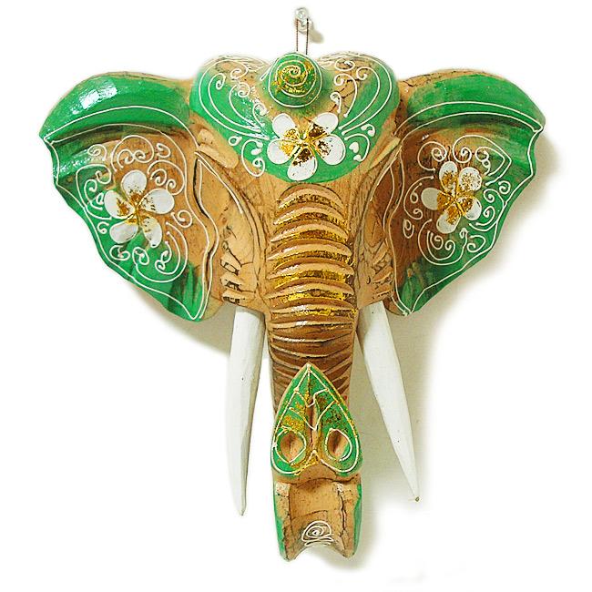 壁掛け】木彫り 『ガネーシャ』[縦24cmx横25cm] 花模様 象 お面マスク