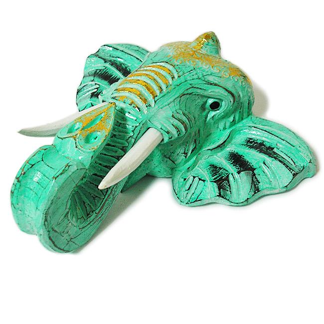 壁掛け】木彫り 『ガネーシャ』[縦24cmx横25cm] ブルーグリーン 象 お