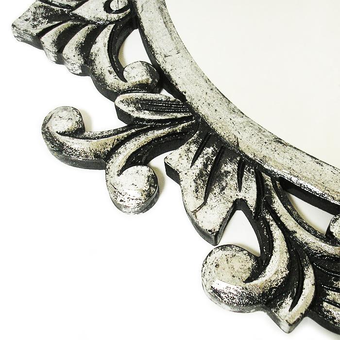 木彫りのミラー 鏡 丸型 唐草レリーフ アンティークシルバー [D.50cm