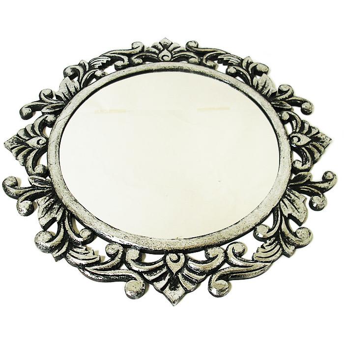 木彫りのミラー 鏡 丸型 唐草レリーフ アンティークシルバー [D.50cm