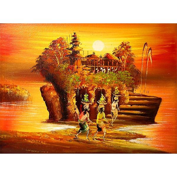 バリアート絵画 M 横 アハマッドの風景画 『夕陽のタナロット』[額横約52.5x縦42.5cm]   おしゃれな アジアン インテリア 壁掛け エスニック アート オブジェ