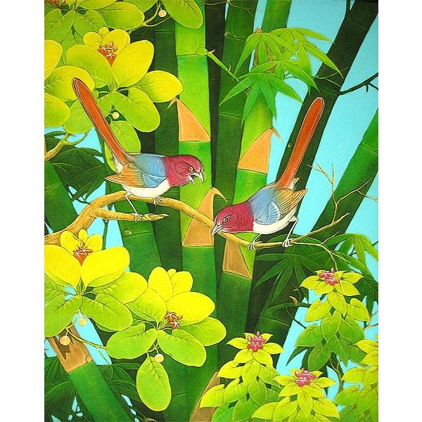 アウトレット　バリ絵画　L　縦　森の小鳥達　オレンジ尾 おしゃれな インテリア 壁掛け アート 自然画 風景画 アジアン 雑貨 アジアン インテリア
