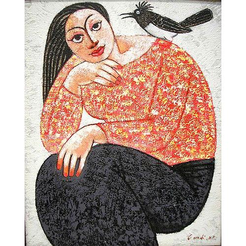 バリ絵画　L 縦 現代バリアート　鳥と女  おしゃれな アジアン インテリア 壁掛け エスニック アート オブジェ アジアン雑貨
