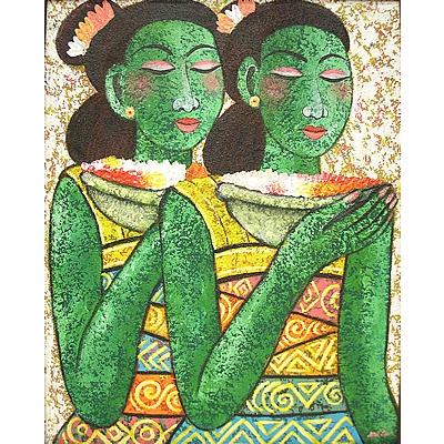 バリアート絵画L縦『二人の女性』緑 おしゃれな アジアン インテリア