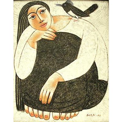 バリ絵画　L縦 現代バリアート　鳥と女  おしゃれな アジアン インテリア 壁掛け エスニック アート オブジェ アジアン雑貨