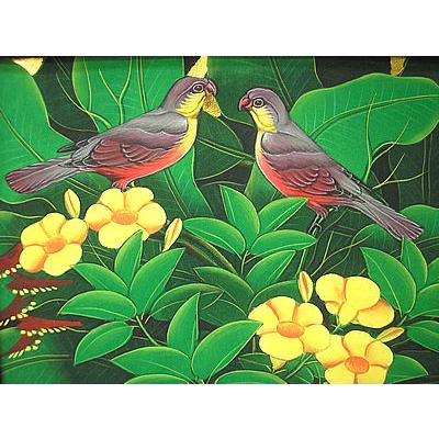 バリ アート絵画 M 横 森の小鳥達 赤胸 黄花 おしゃれな インテリア 